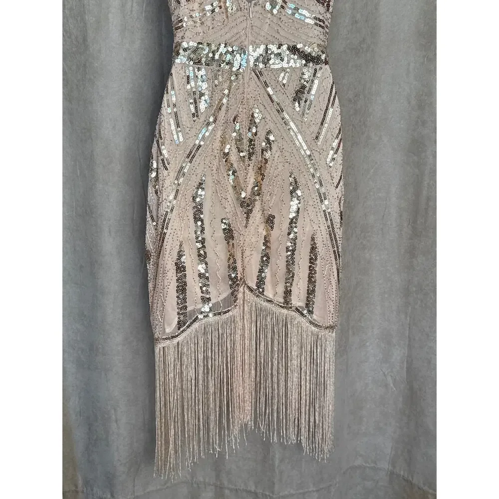 Unique Vintage Blush Pink Sequin Fringe V Neck Flapper Dress M NWOT - Picture 7 of 8